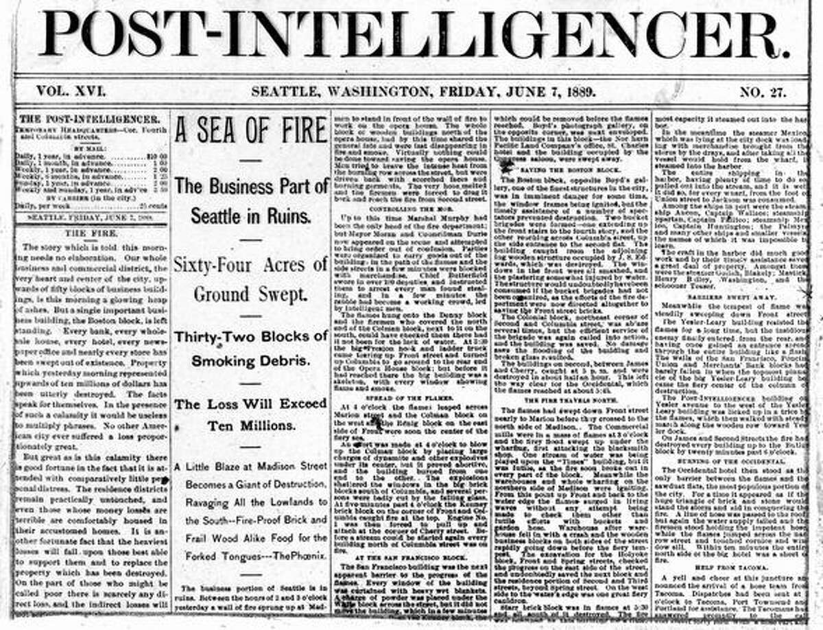 A close up photo of the Post-Intelligencer with a story of the Great Seattle Fire.